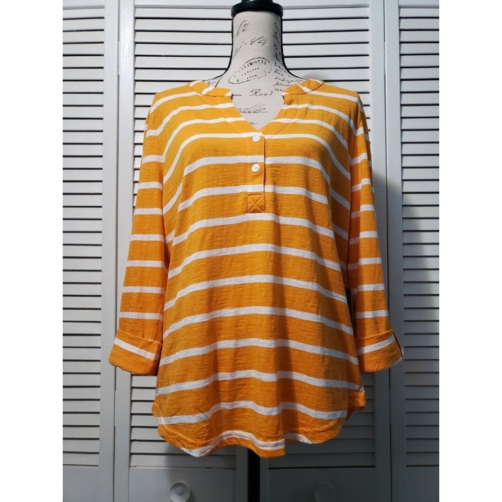 Caribbean Joe Roll Tab Shirt Women's Large Orange Striped V-Neck Long Sleeve Top